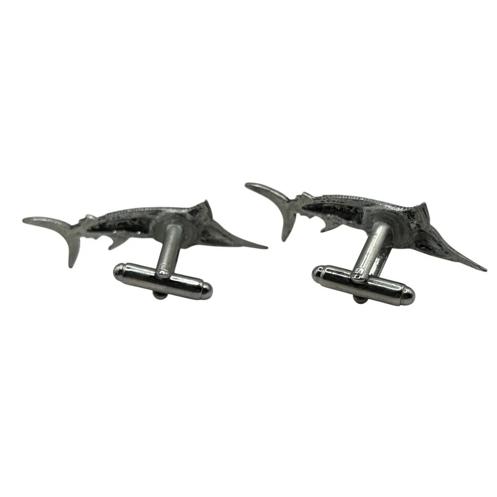 Swordfish Cufflinks Mid Century Silver‎ Tone Marlin Fish Ocean VTG Fishing READ
